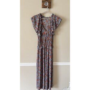 MNG Womens Size 6 Blue Floral Maxi Dress Stretch Flutter Sleeve Ruffle Trim